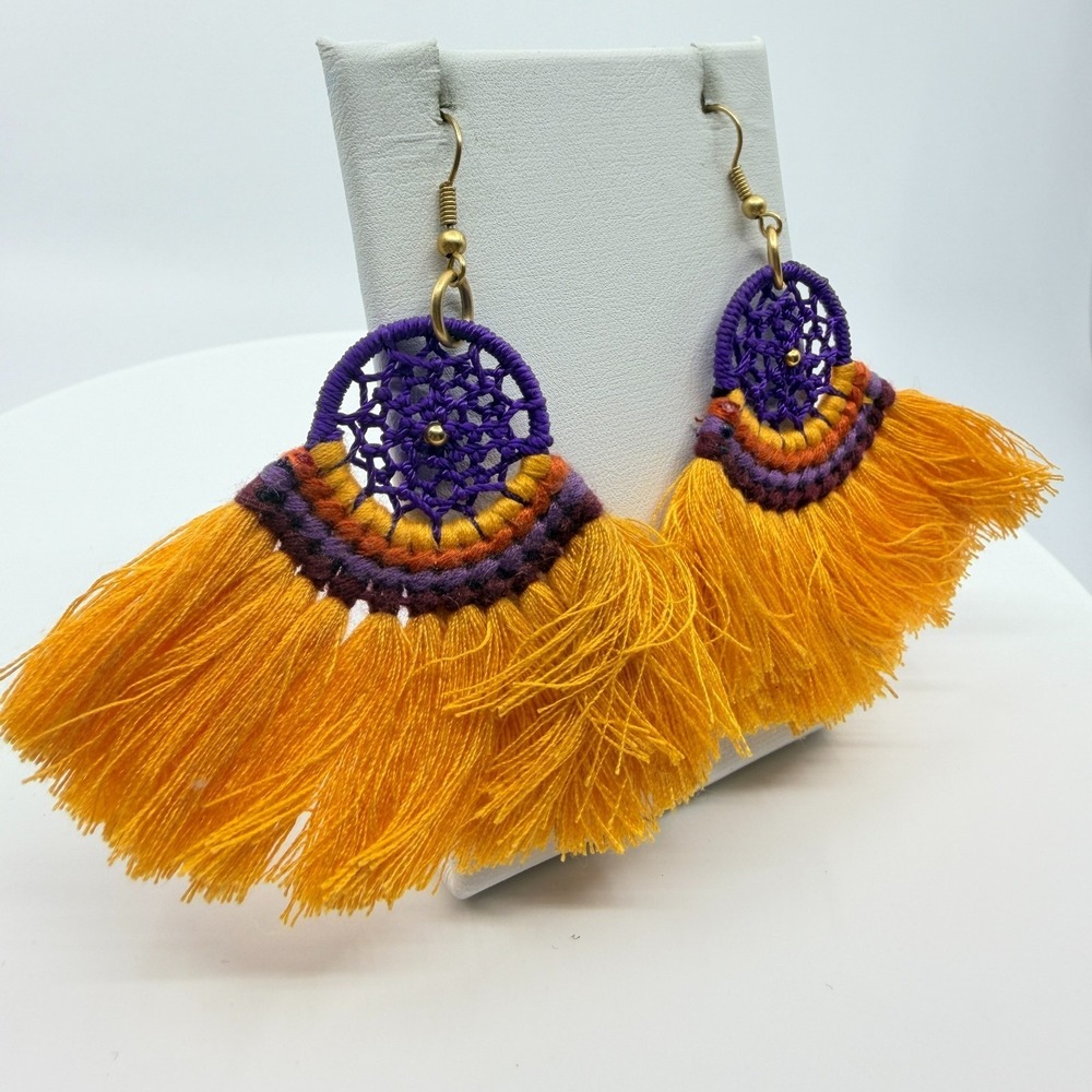 VTG Boho Dreamcatcher Tassel Dangle Earrings - Yellow & Purple Chic - Picture 3 of 10